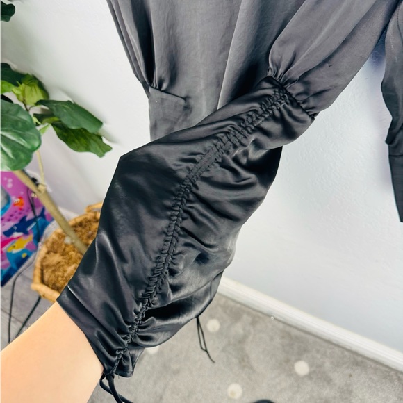 Zara Black Satin Ruched Button Down Shirt Long Sleeve Dress - Picture 6 of 11